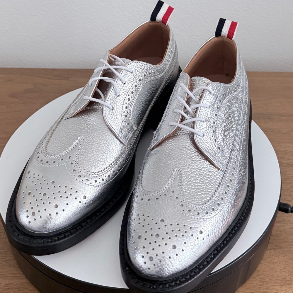 Thom Browne New York Silver Metallic Pebbled Leather Longwing Brogues, sz US 7